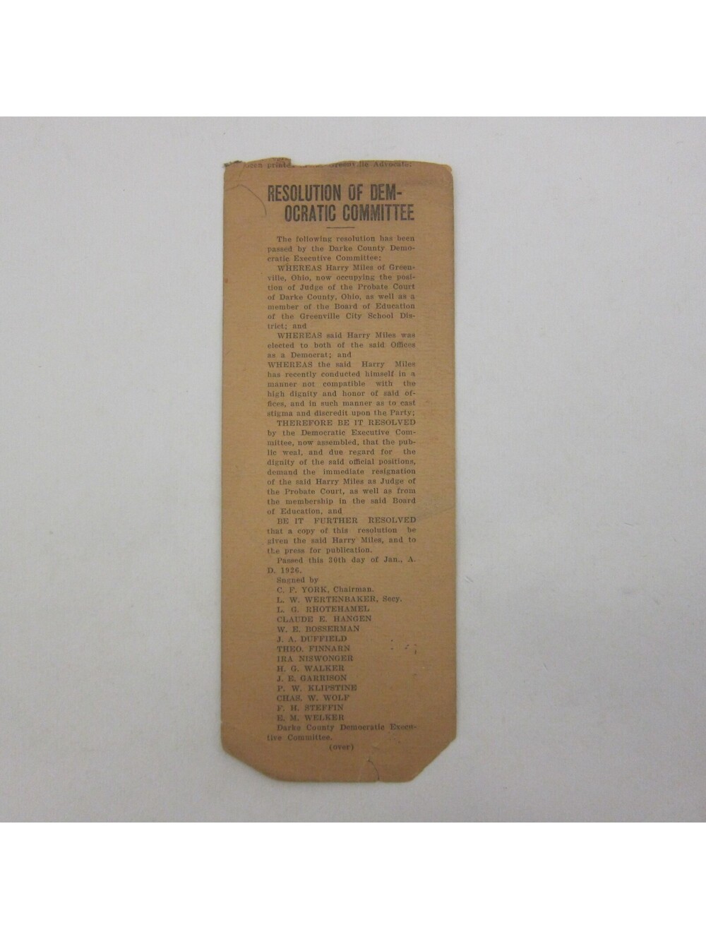 Greenville Ohio Politics Newspaper Harry Miles Judge Probate Court Vintage 1926